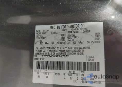 2009 Ford Ranger Xl/Xlt z USA, uszkodzony, nr VIN 1FTYR14D49PA47872